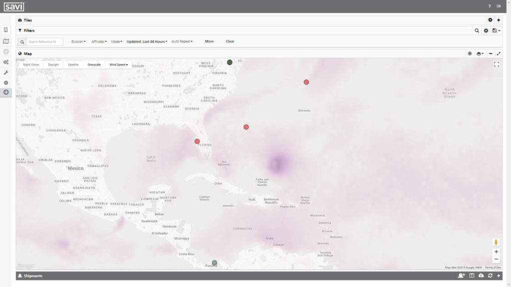 Savi Visibility weather overlay shows Hurricane Dorian causing shipment delays in real time so shippers can respond